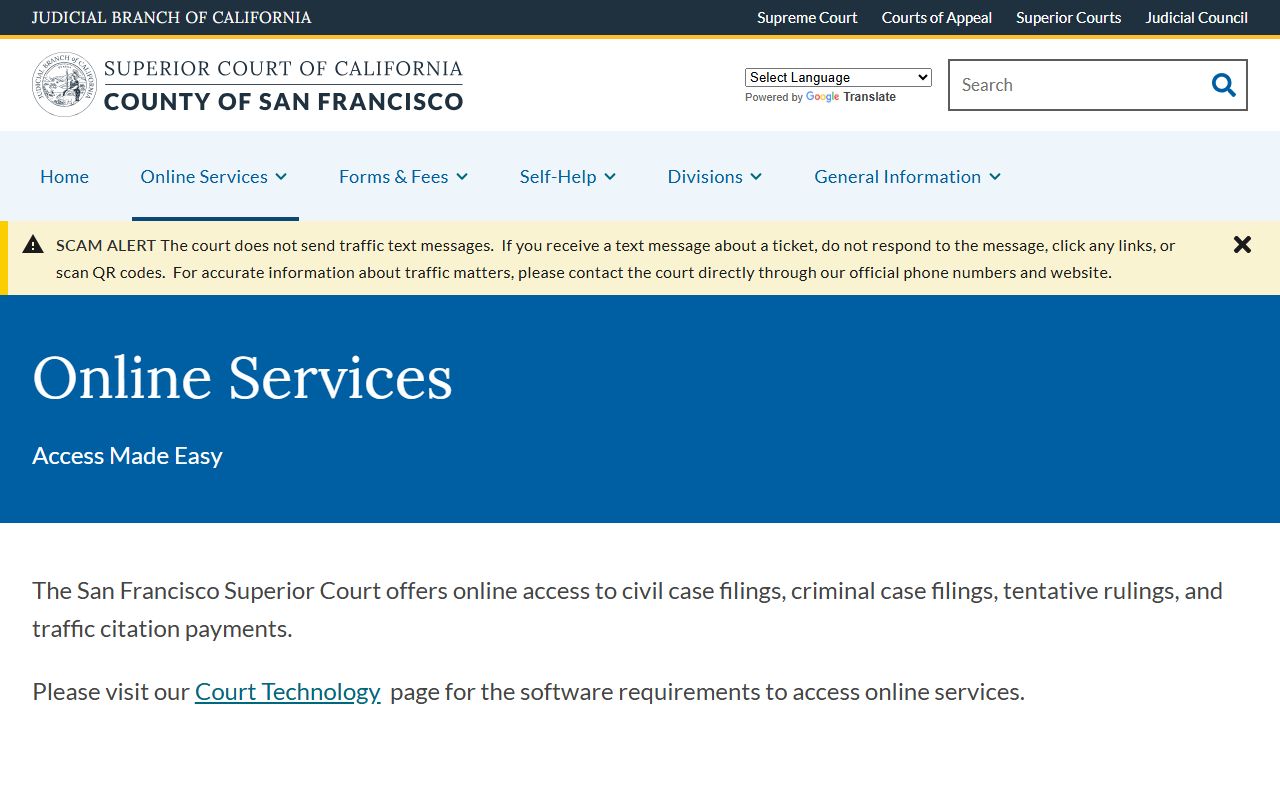 San Francisco County Court online services landing page