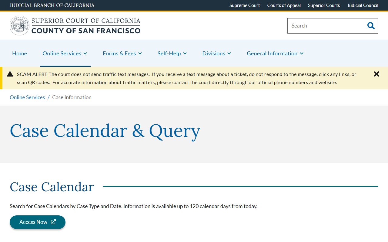 San Francisco County Court case calendar and query page