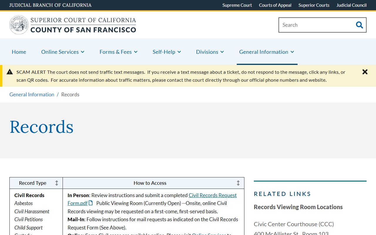 San Francisco County Superior Court records access page