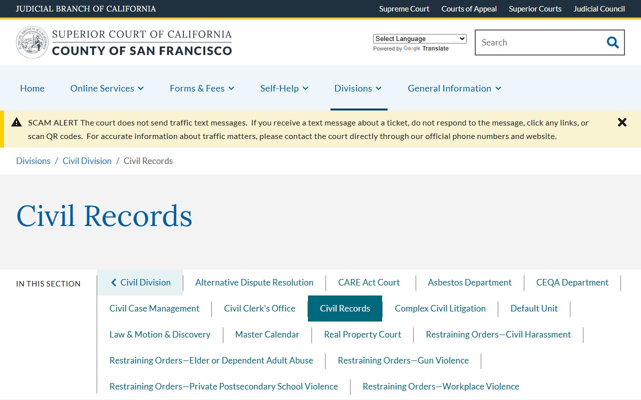 San Francisco County Civil Records page Room 103