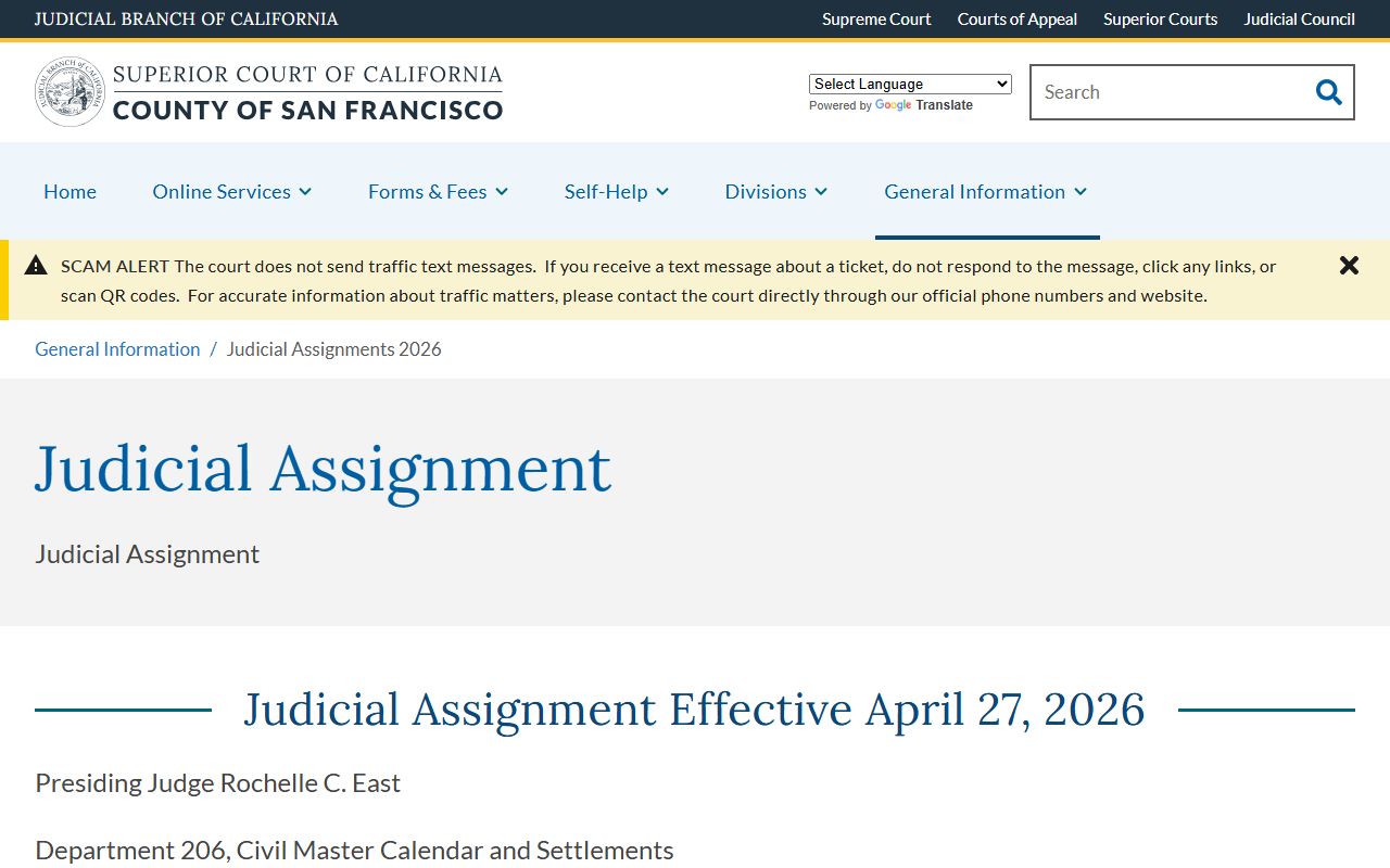 San Francisco County 2026 judicial assignments page