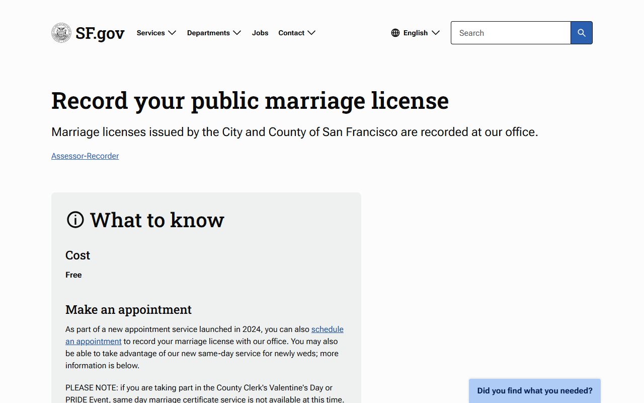 San Francisco County Assessor-Recorder record marriage license page