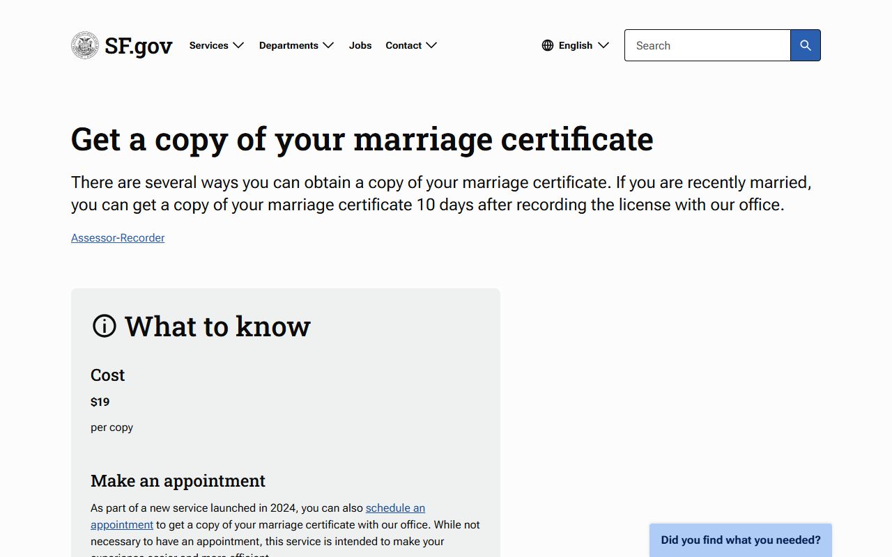 San Francisco County Assessor-Recorder marriage certificate copy page