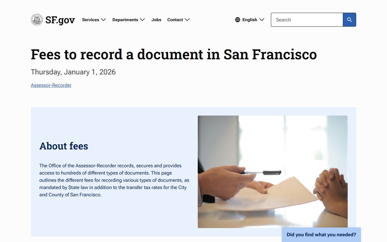 San Francisco County Recorder fee schedule page