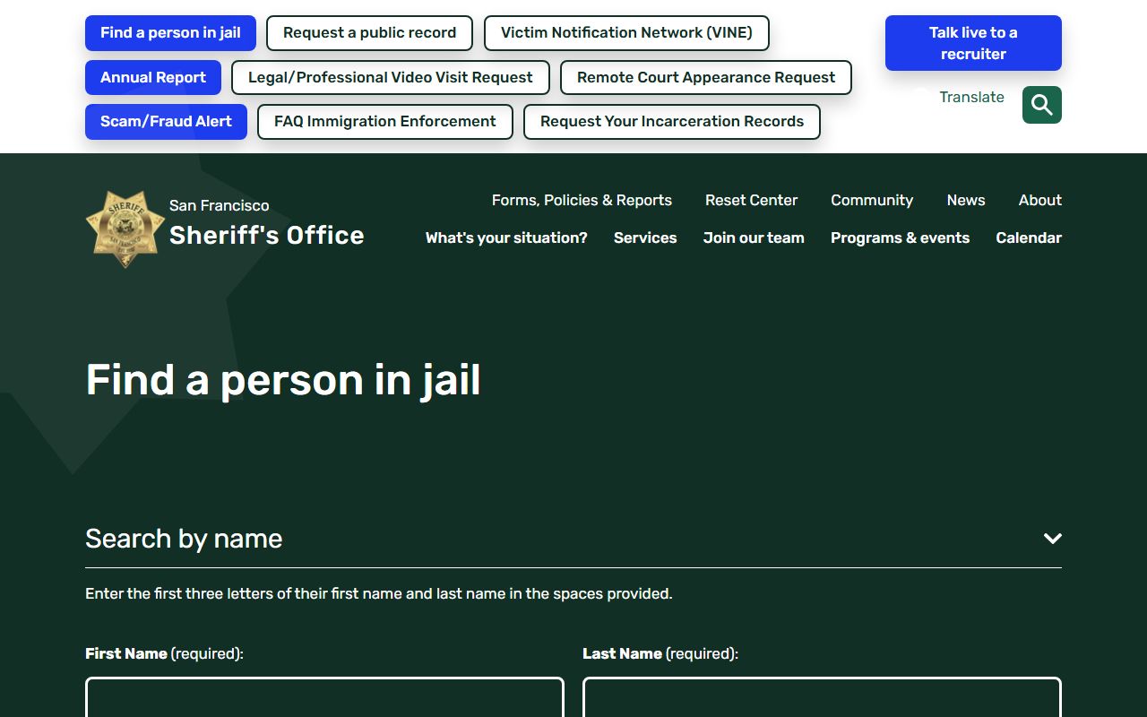 San Francisco County Sheriff Find a Person in Jail page