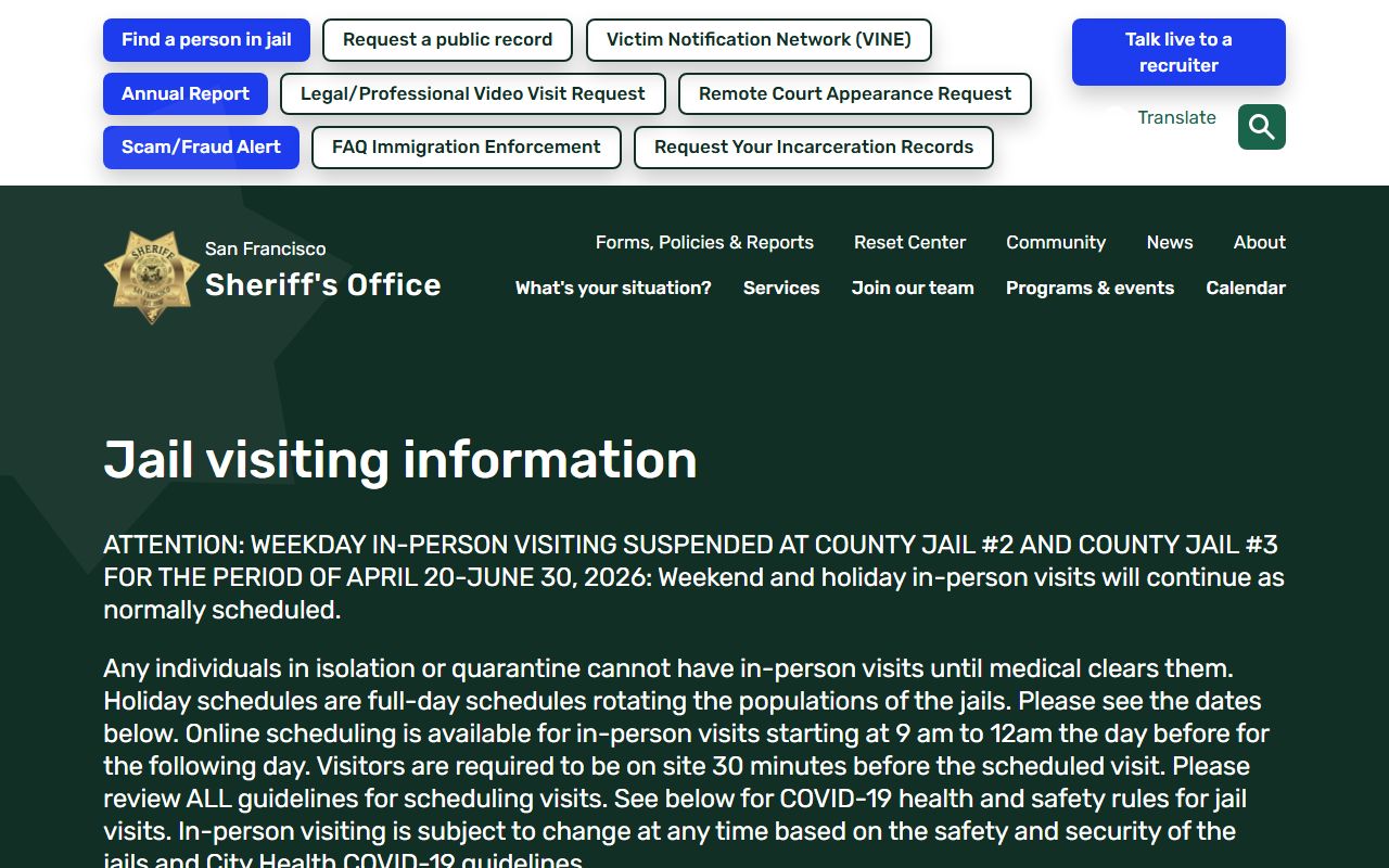 San Francisco County jail visiting information page