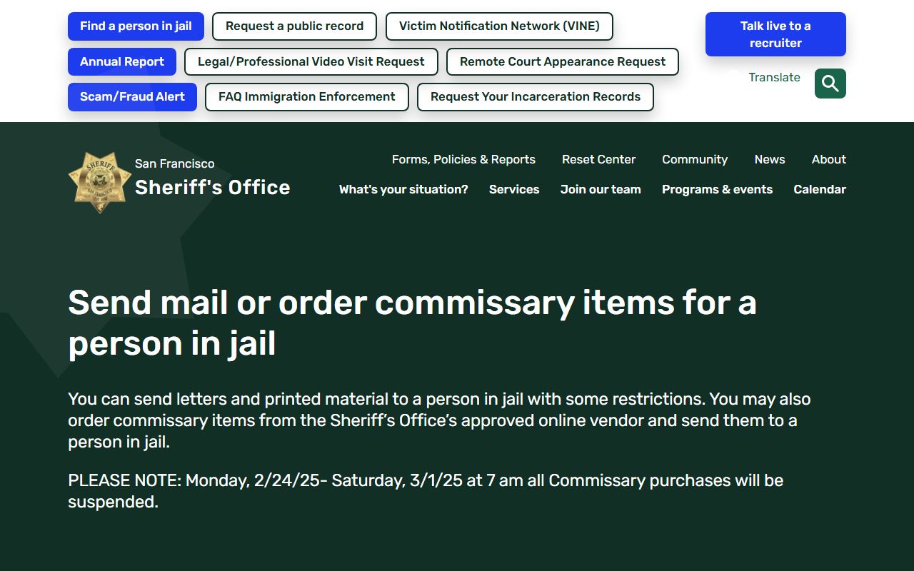 San Francisco County jail mail and commissary rules page