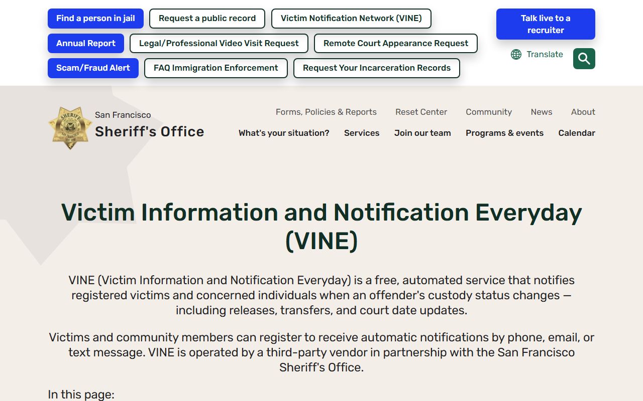 San Francisco County Sheriff VINE outage notice
