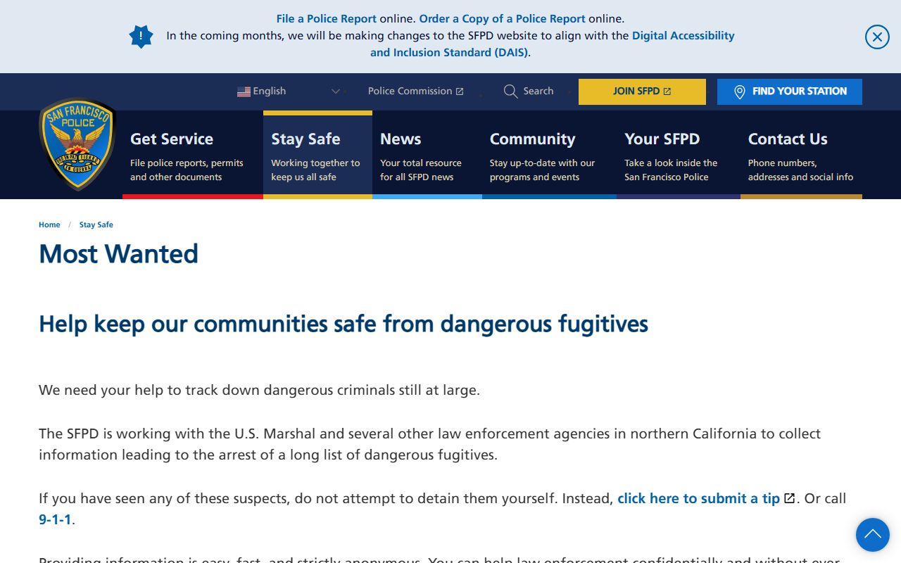 San Francisco Police Department Most Wanted page