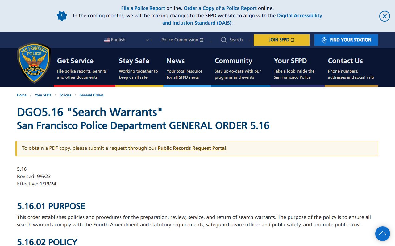 San Francisco Police General Order 5.16 on search warrants