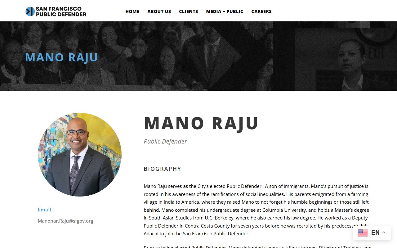 San Francisco County Public Defender Mano Raju page