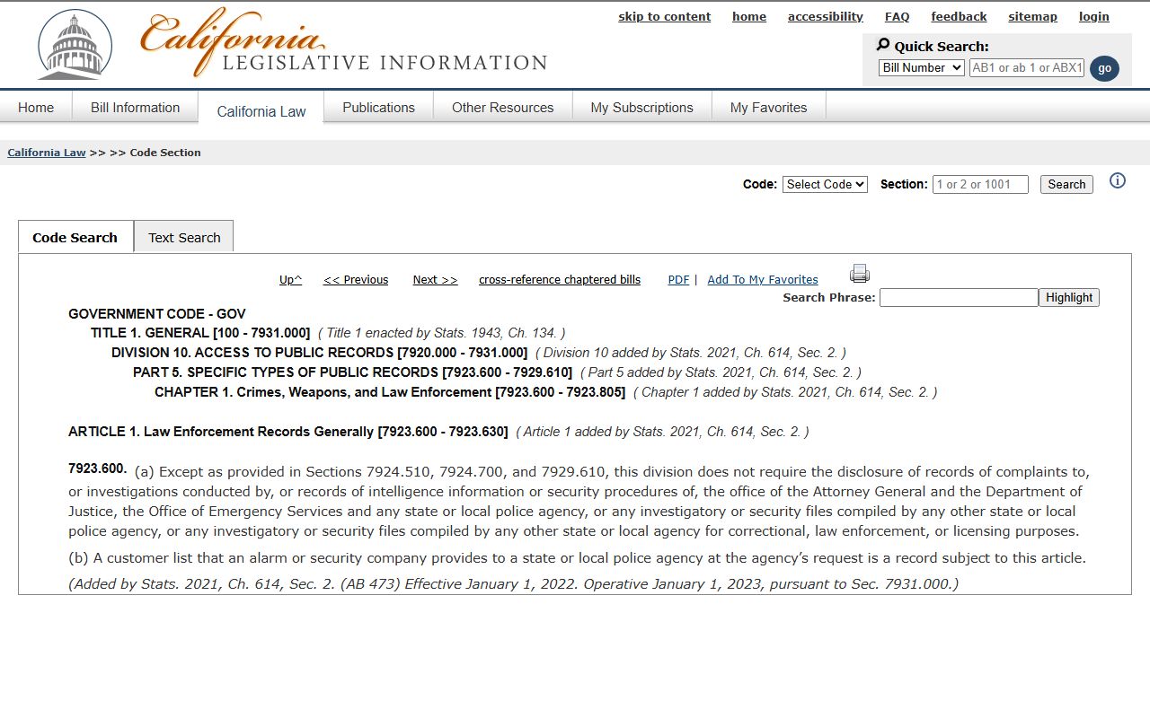 California Government Code 7923.600 law enforcement records exemption for San Francisco County