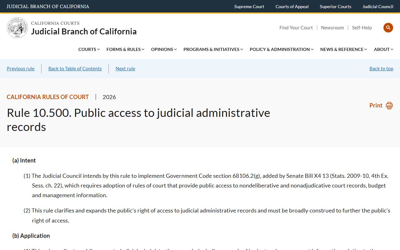 California Rules of Court rule 10.500 used for San Francisco County judicial records