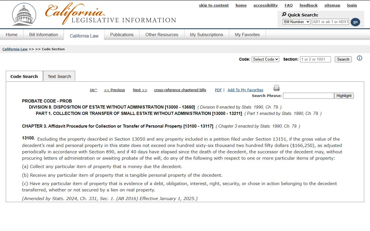 California Probate Code 13100 small estate affidavit for San Francisco County
